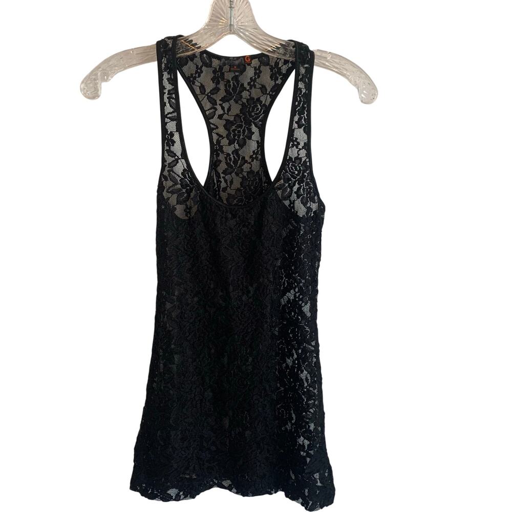 G by Guess Womens Medium Y2K Sheer Black Floral Lace Racerback Tank Top Shirt